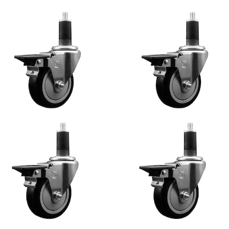 Service Caster 4'' Black Poly Swivel 1-1/4'' Expanding Stem Caster Set with Brake, 4PK SCC-EX20S414-PPUB-BLK-PLB-114-4